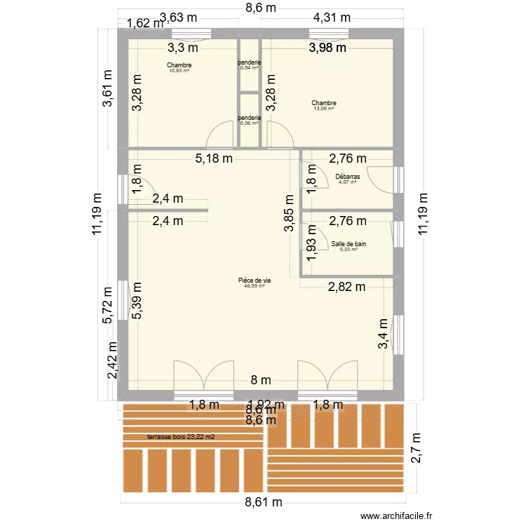 chalet madrier c&ocirc;t&eacute; ss meuble. Plan de 