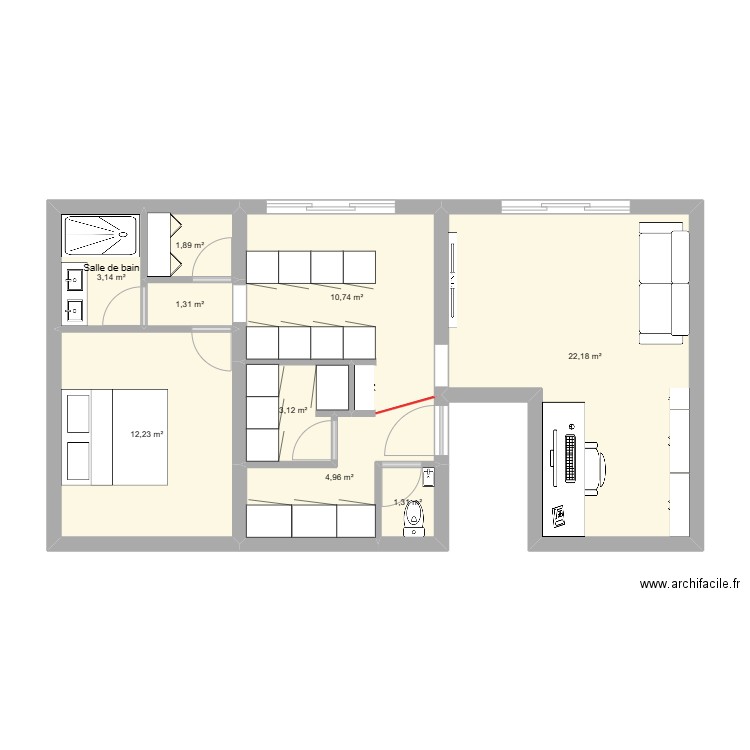 60m² - 1 chambre. Plan de 9 pièces et 61 m2