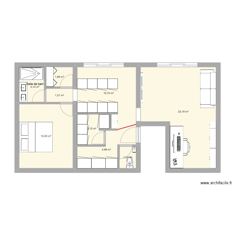 60m² - 1 chambre. Plan de 0 pièce et 0 m2