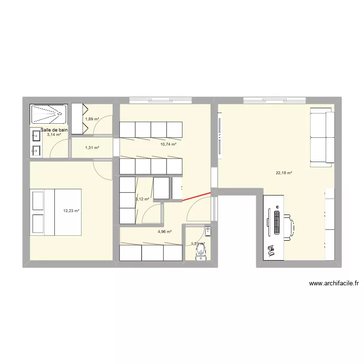 60m&sup2; - 1 chambre. Plan de 