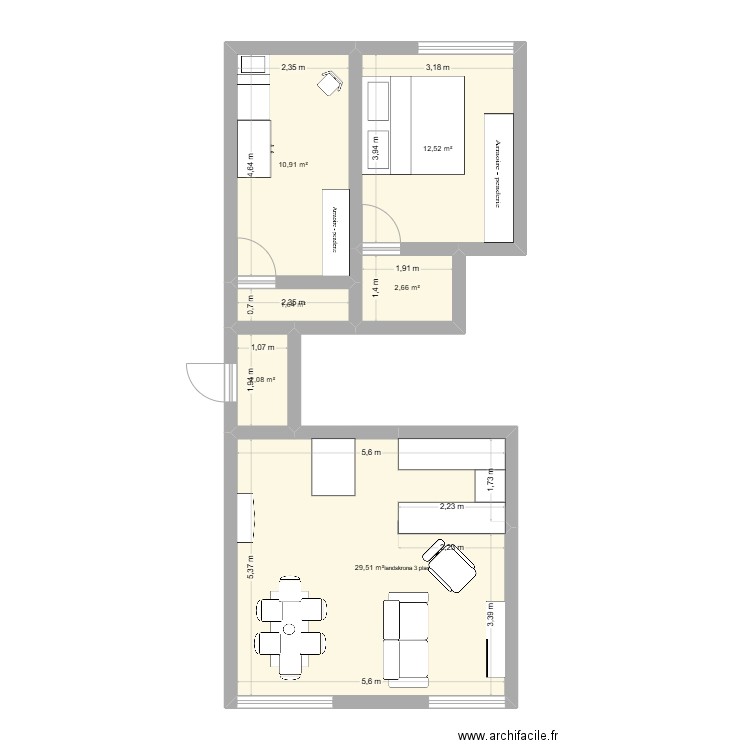 appartement. Plan de 6 pièces et 59 m2