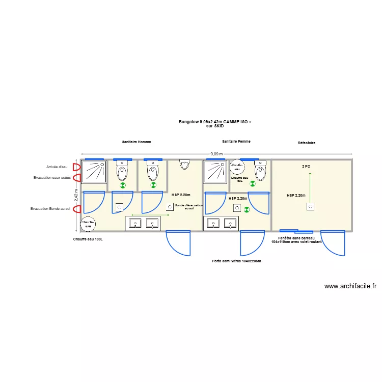 Projet STEF - Bungalow avec sanitaires H/F. Plan de 7 et 21 m² Projet STEF - Bungalow avec sanitaires H/F. Plan de 7 et 21 m²