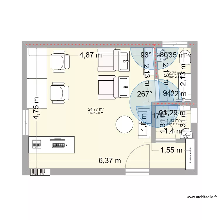 salon de coiffure 2. Plan de 3  et 29 m²
