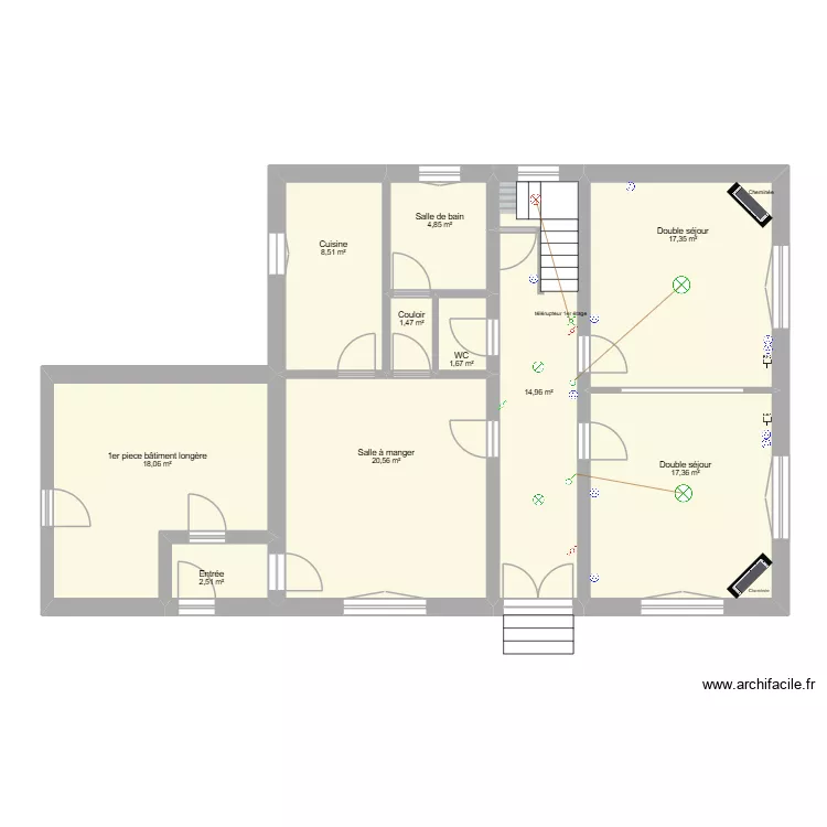 Couloir/Double s&eacute;jour. Plan de 10  et 107 m²
