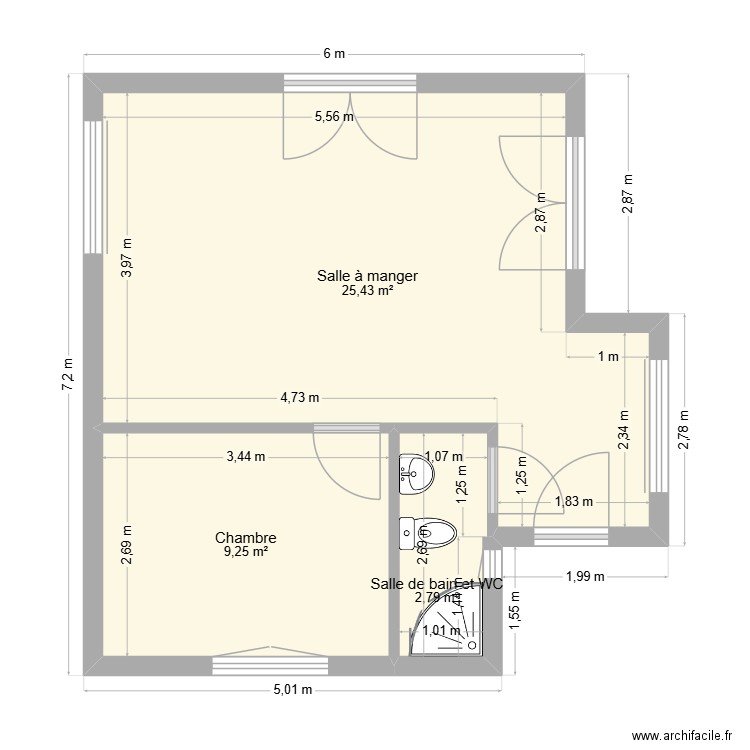 gardien. Plan de 3 pièces et 37 m2