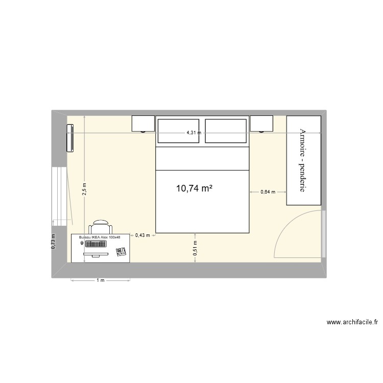 Chambre JL. Plan de 1 pièce et 11 m2