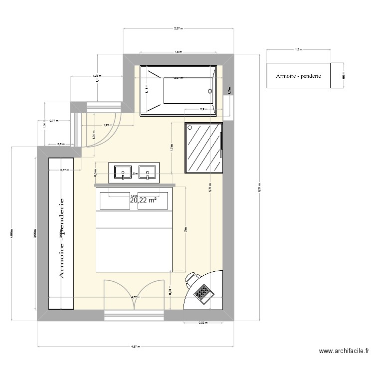 Chambre parentale V3. Plan de 1 pièce et 20 m2