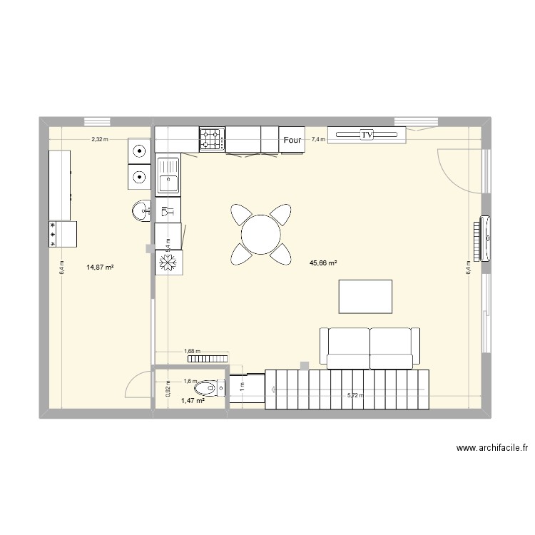 RDC. Plan de 3 pièces et 62 m2