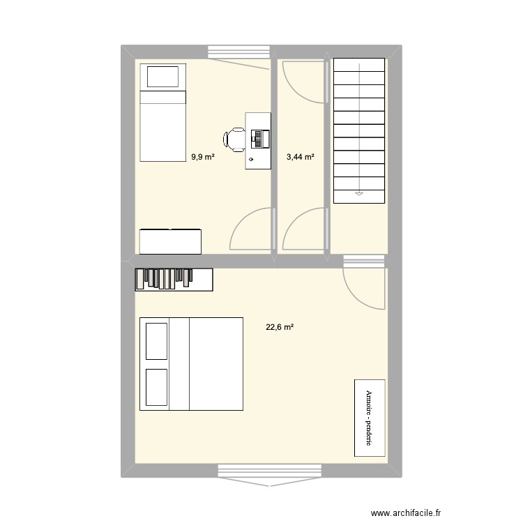 raismes 1er étage. Plan de 3 pièces et 36 m2