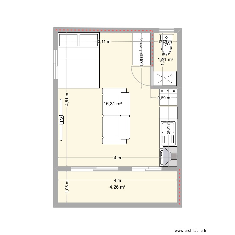 Maison meublée. Plan de 3 pièces et 22 m2