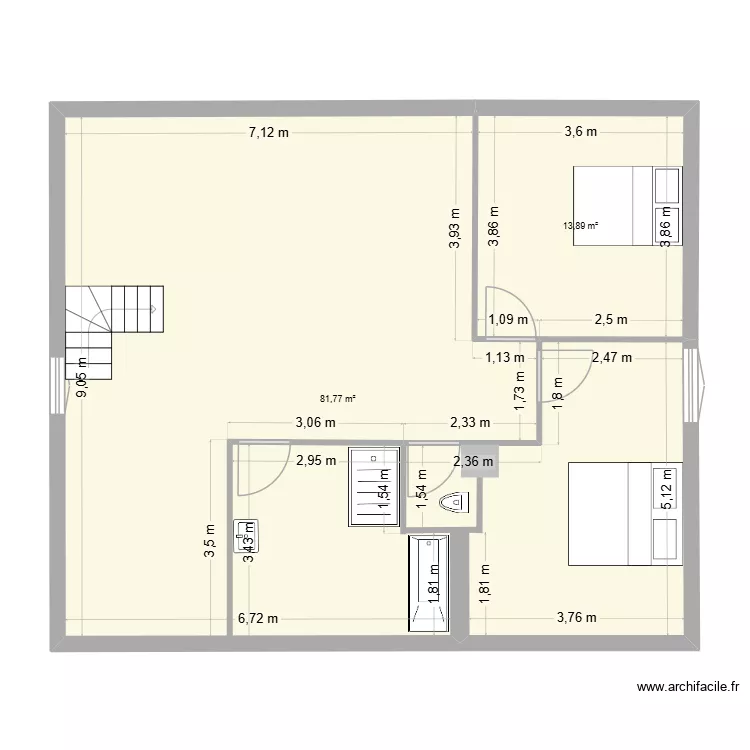 etage. Plan de 2 pièces et 96 m²