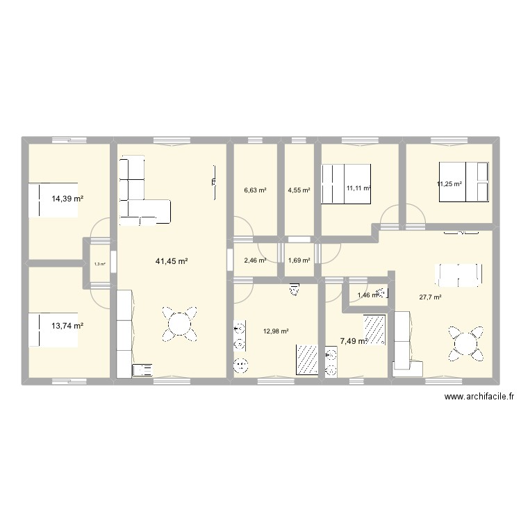 Plan RDC Montagnat Meublé. Plan de 14 pièces et 158 m2