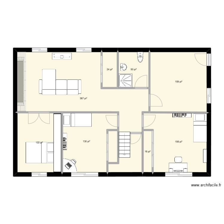 Sous Sol modifié meublé. Plan de 8 pièces et 95 m2