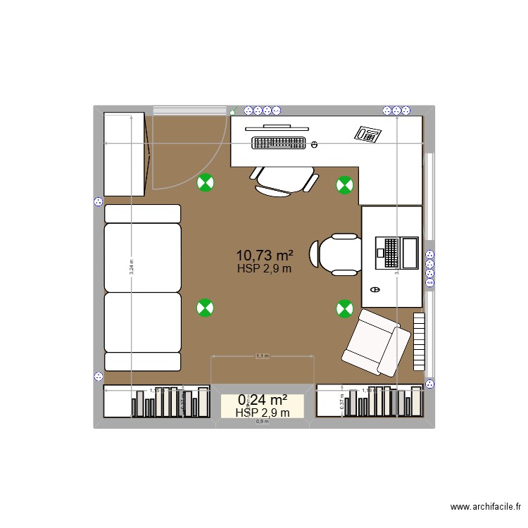 Bureau Rdc. Plan de 2 pièces et 11 m2