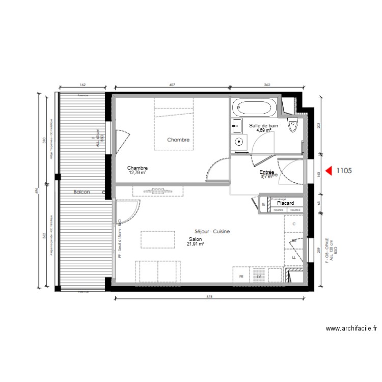 PLAN SOHA. Plan de 5 pièces et 44 m2