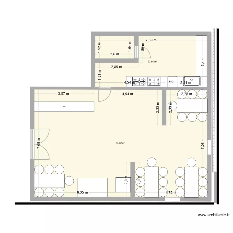 plan restaurant. Plan de 2  et 103 m²