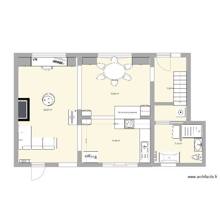 Zeen sàm et salon 3. Plan de 5 pièces et 66 m2