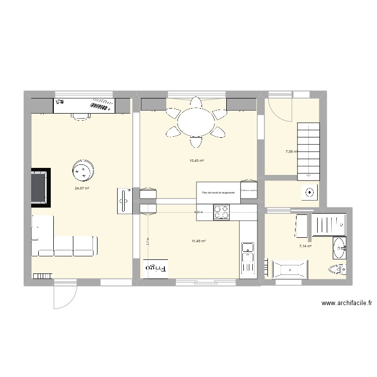 Zeen sàm et salon 2. Plan de 5 pièces et 66 m2