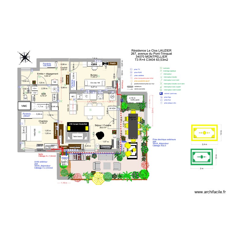 T3 C3404 _ R&eacute;sidence Le Clos Lauzier 4 (table anthracite 1,8 + chaises moutarde). Plan de 0 pièce et 0 m2