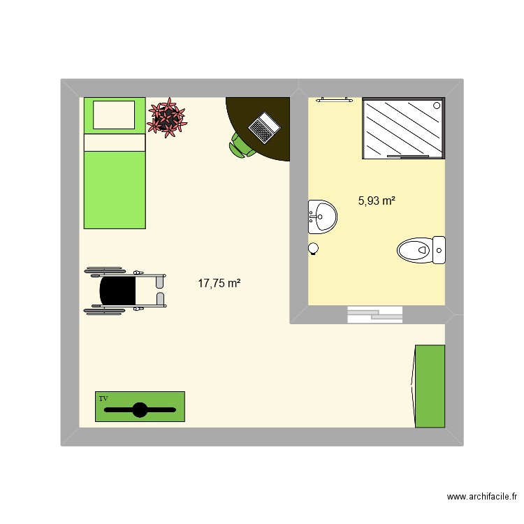 chambre. Plan de 2 pièces et 24 m2