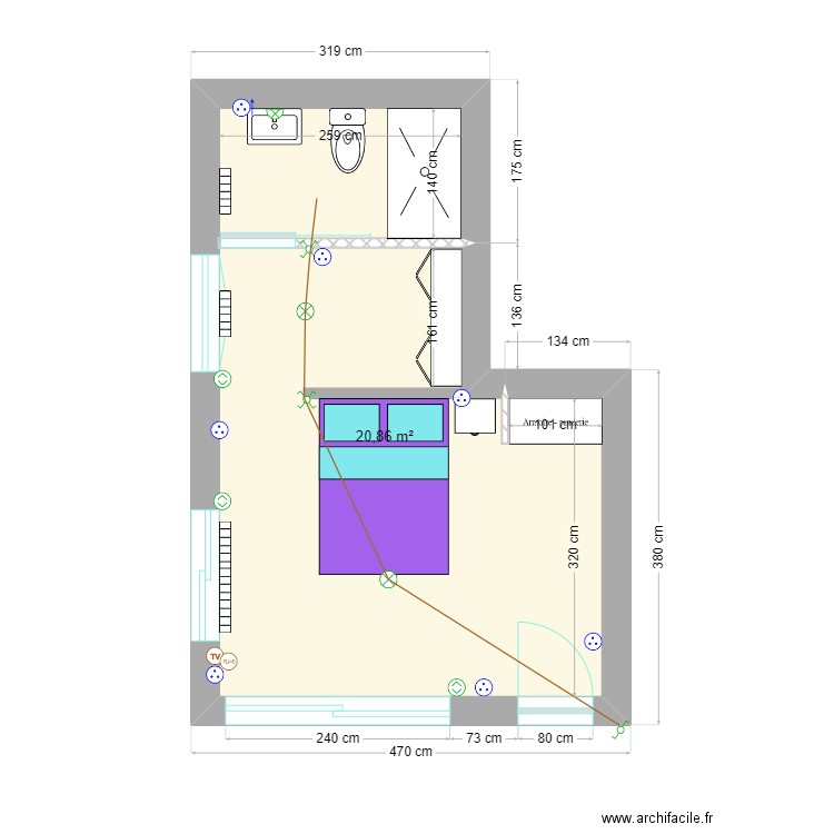 Extension Ouest. Plan de 1 pièce et 21 m2