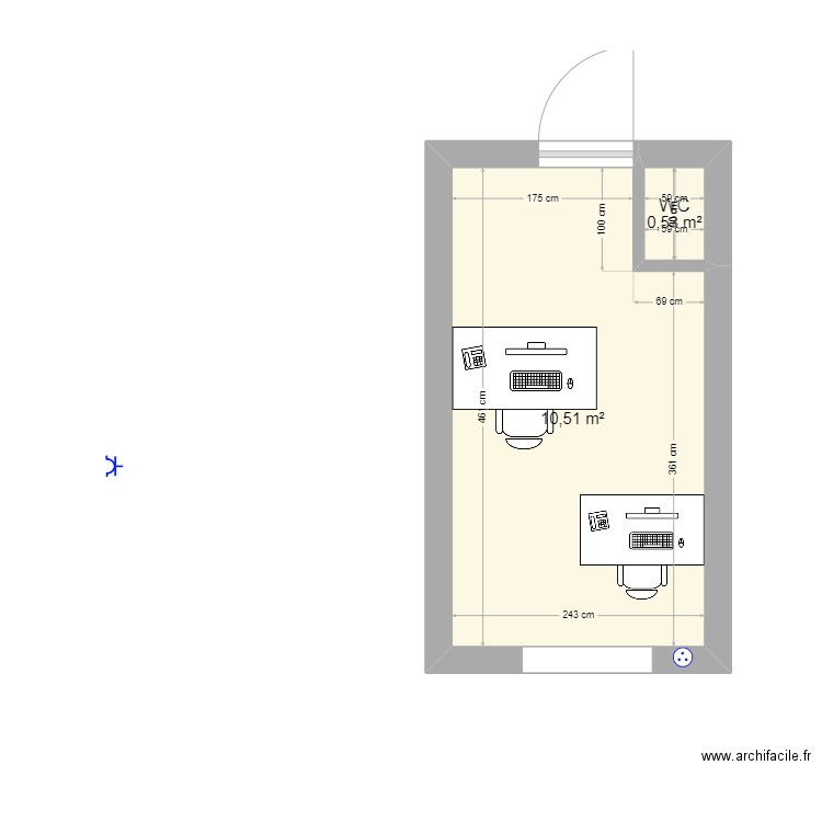 BUREAU SECRETAIRE. Plan de 2 pièces et 11 m2