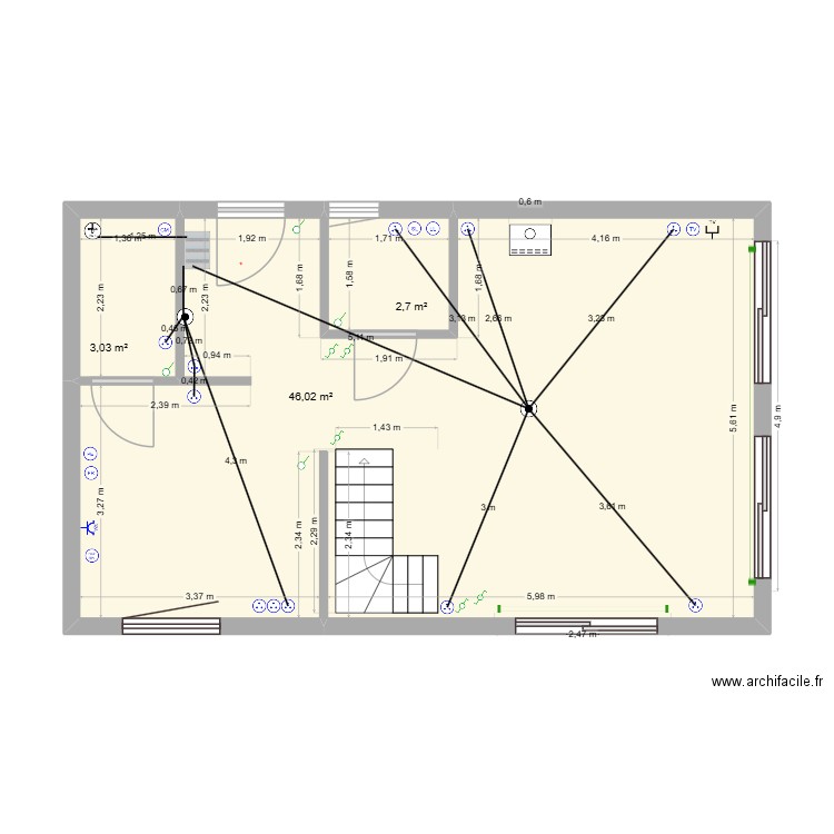 Prises RDC. Plan de 3 pièces et 52 m2