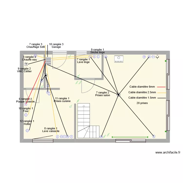 Prises RDC. Plan de 3 pièces et 52 m²