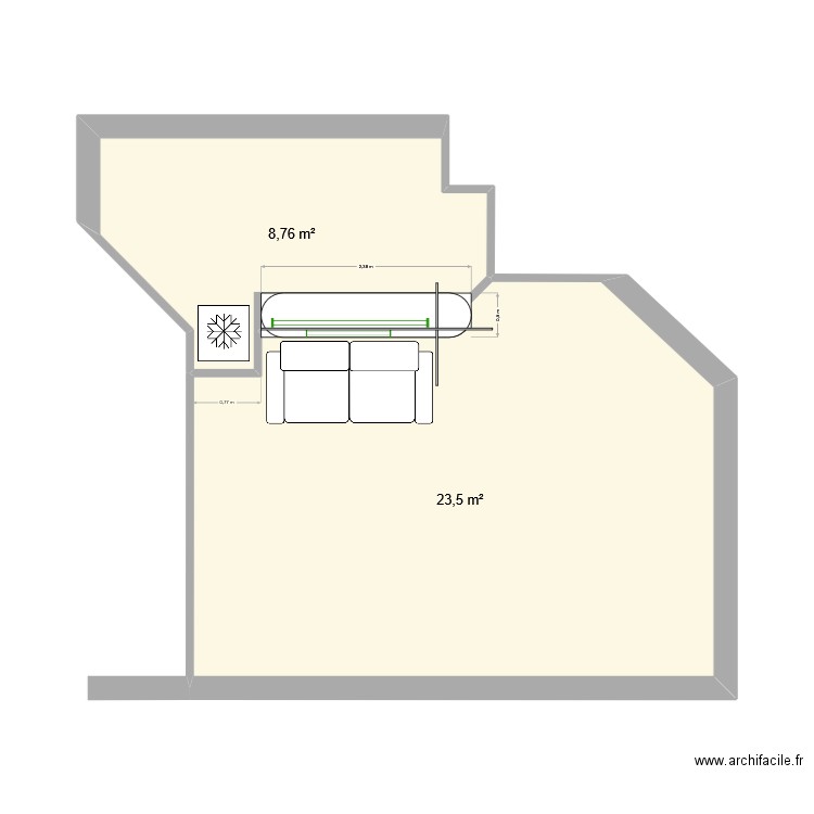 Cuisine Cigalusa. Plan de 2 pièces et 32 m2