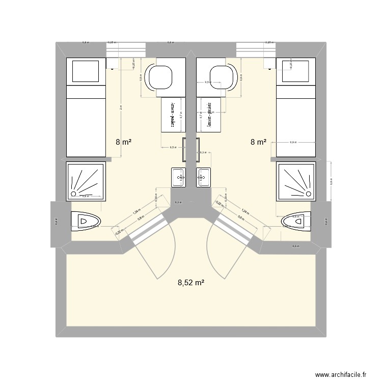 4 cellules SP/SD - biseau. Plan de 3 pièces et 25 m2