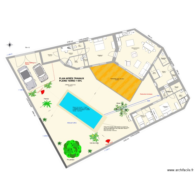 Bois plage travaux avec terrasse modifiée def urbanisme (dec 2023). Plan de 20 pièces et 402 m2