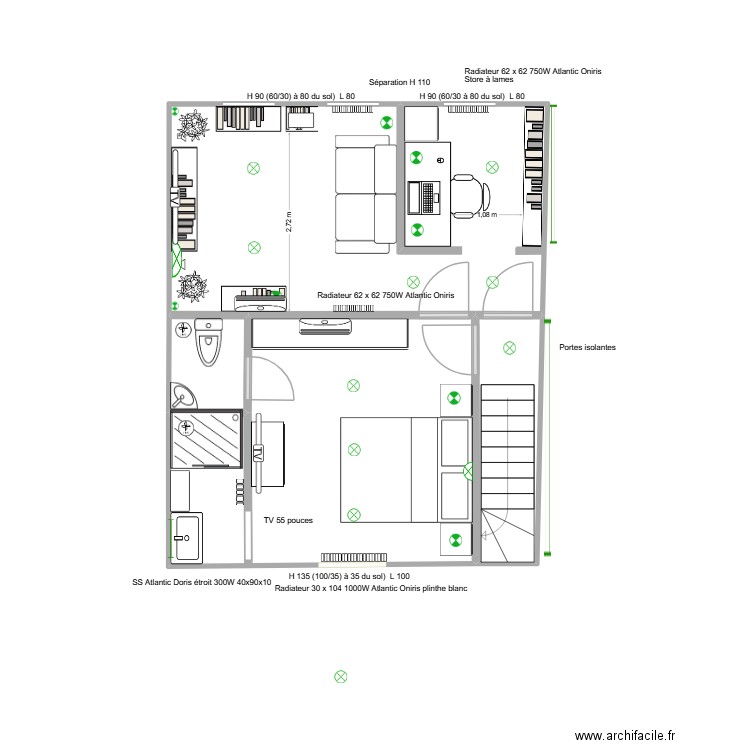 Salon et chambre 3 fenêtres symétriques. Plan de 4 pièces et 37 m2