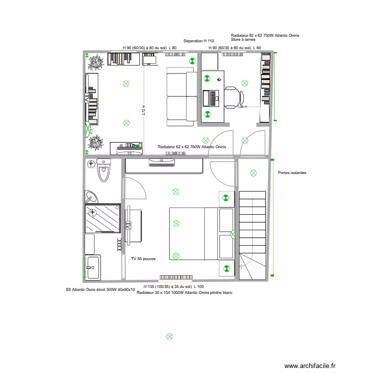 Salon et chambre 3 fen&ecirc;tres sym&eacute;triques. Plan de 4  et 37 m²