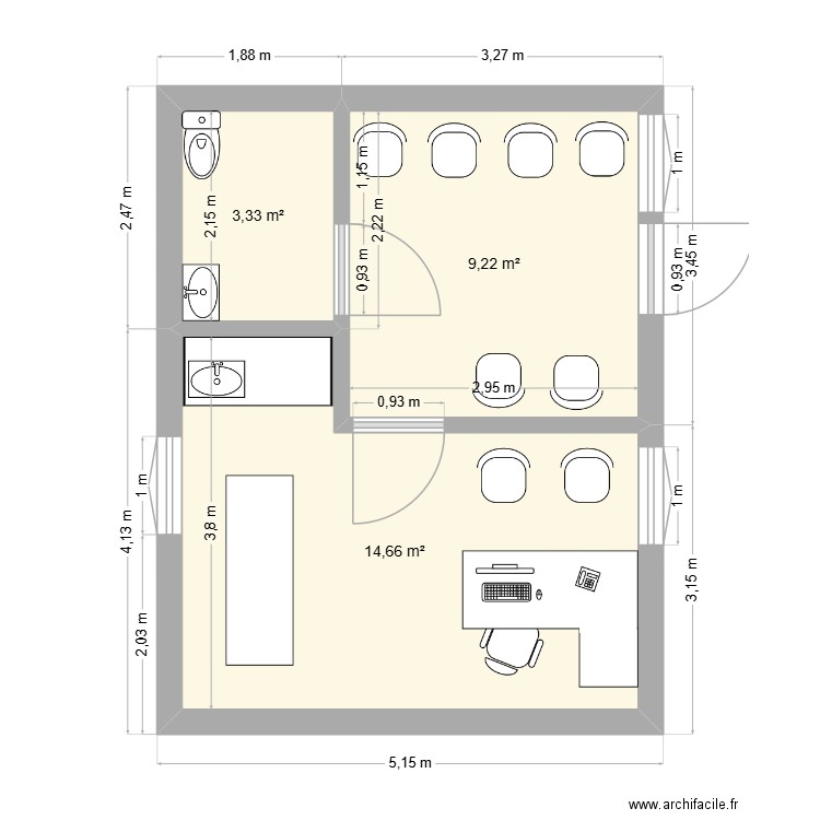 cabinet 2. Plan de 3 pièces et 27 m2