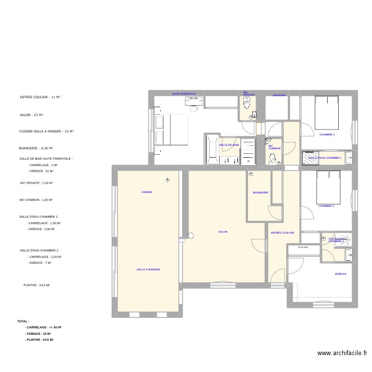 PLAN CARRELAGE. Plan de 23 pièces et 139 m2