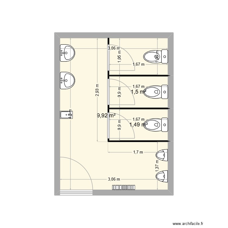 Sanitaire ILO Avant. Plan de 3 pièces et 13 m2