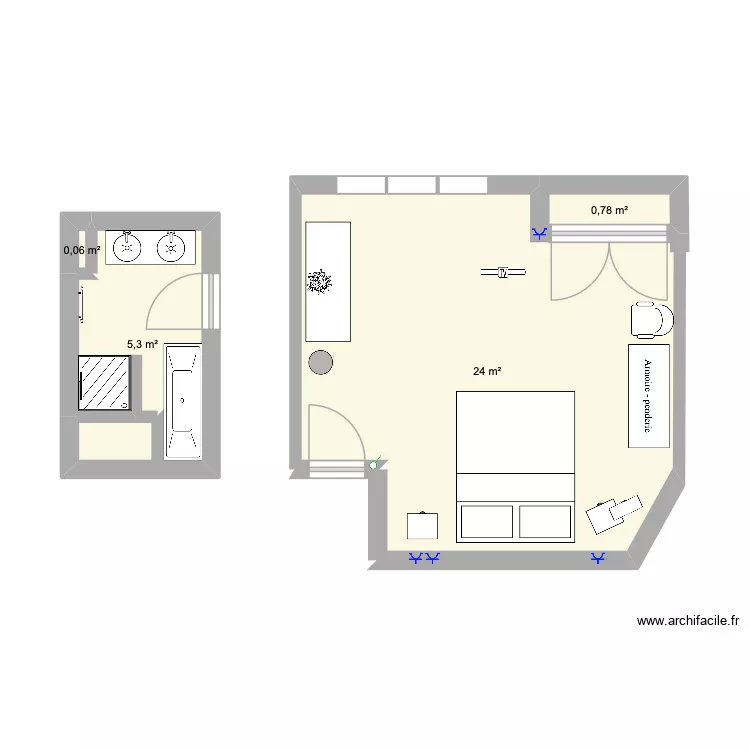 Chambre et salle de bain Clip L&iuml;a. Plan de 4  et 30 m²