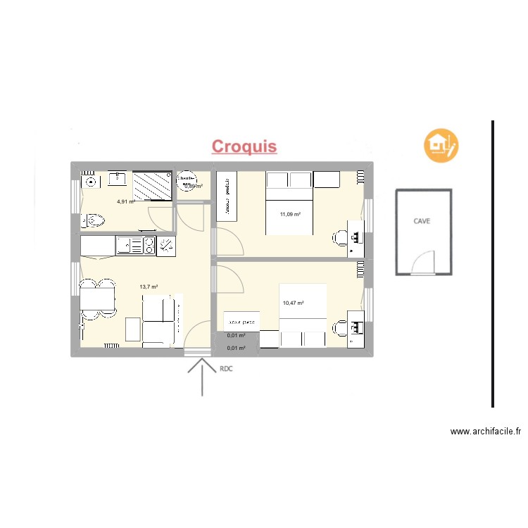 Appartement Asnieres essaie n°2. Plan de 5 pièces et 41 m2
