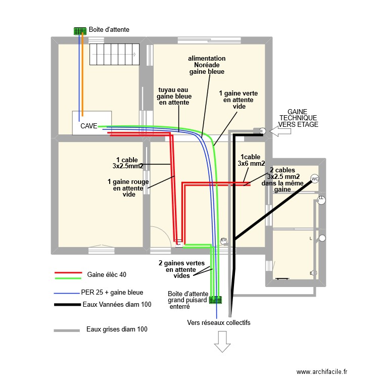 Plan Passage sous Dalle. Plan de 14 pièces et 121 m2