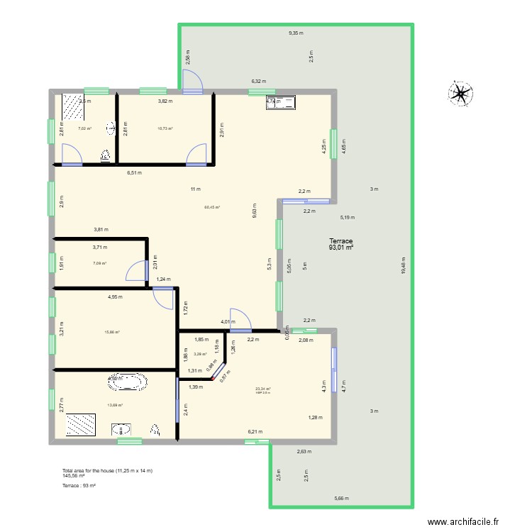 Plan maison 11x14m Sans meuble. Plan de 10 pièces et 380 m2