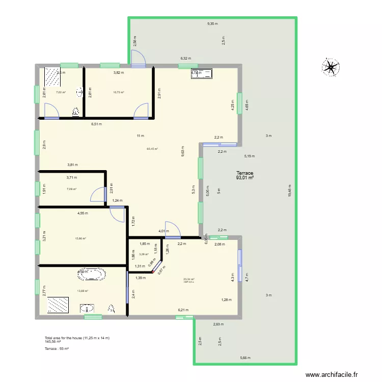 Plan maison 11x14m Sans meuble. Plan de 