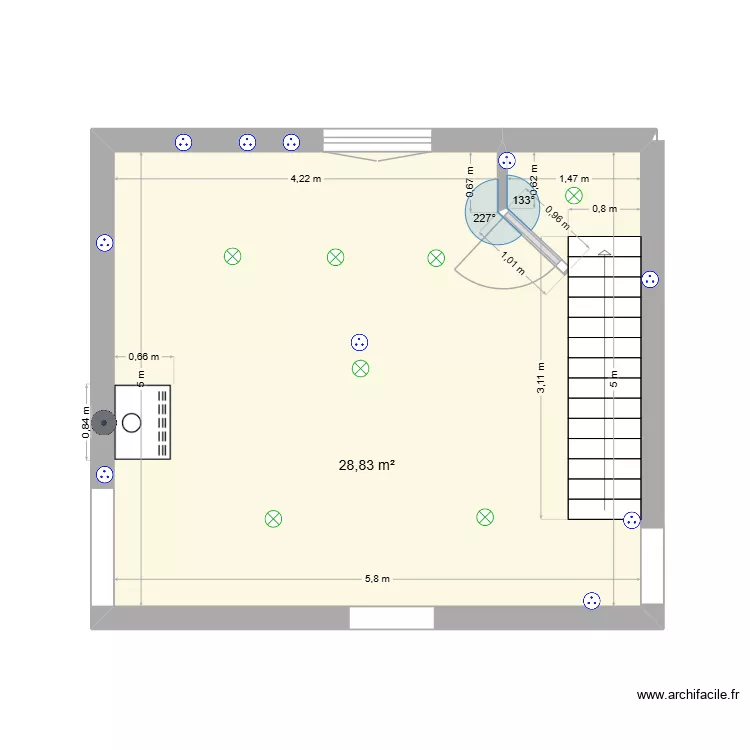 Cuisine. Plan de 1 pièce et 29 m²