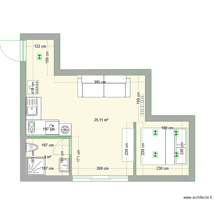 studio darbelays. Plan de 2 pièces et 28 m2