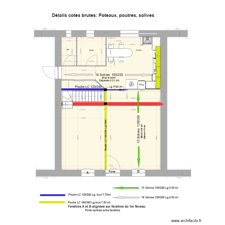 Détails cotes brutes: poteaux, poutres, solives. Plan de 1 pièce et 72 m2