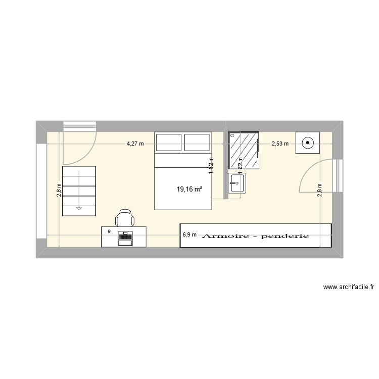 plan 1. Plan de 1 pièce et 19 m2