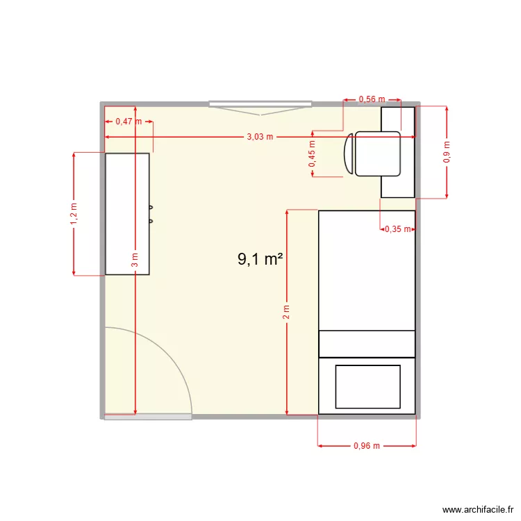 Chambre Morgan. Plan de 1  et 9 m²