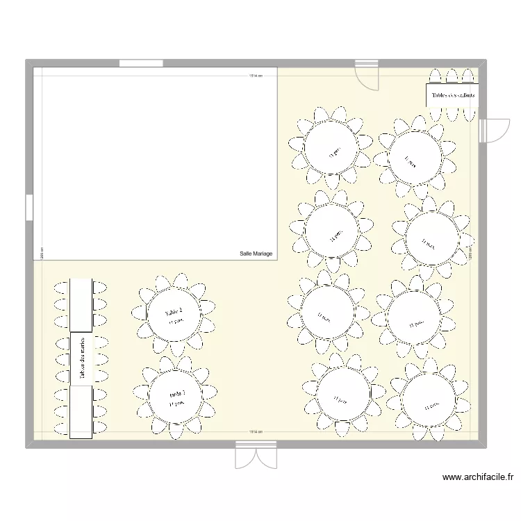 Mariage Table 11pers x10 + table recte 18pers x1. Plan de 