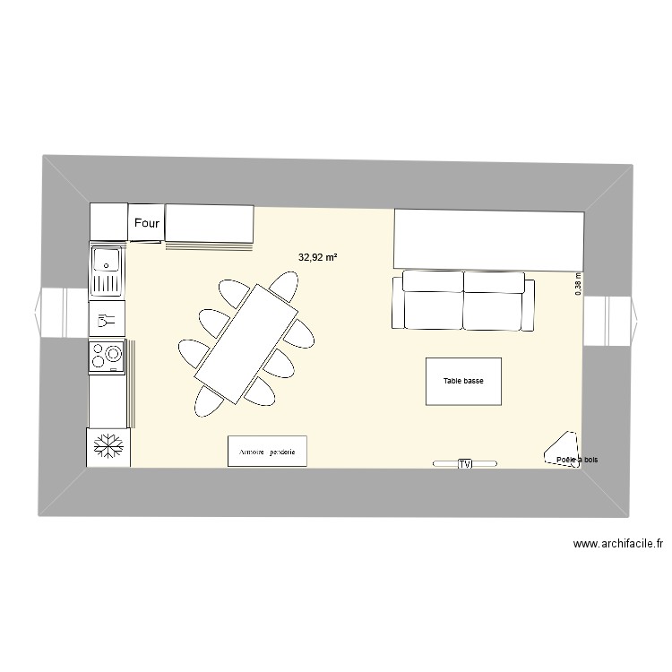 étage 1 salon /cuisine. Plan de 1 pièce et 33 m2