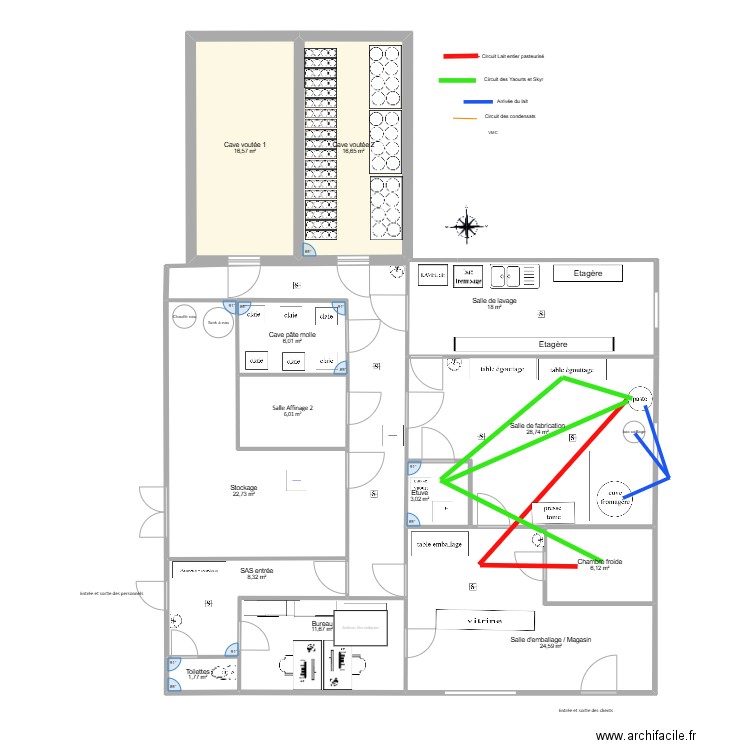 Plan Fromagerie  PMS 2025  flux produits. Plan de 13 pièces et 170 m2