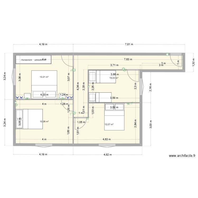 ossature. Plan de 4 pièces et 56 m2